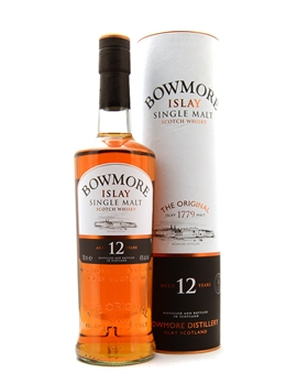 Bowmore 12 år Round Tube gult banderoll 1990-tal vintage Islay Single Malt Scotch Whisky